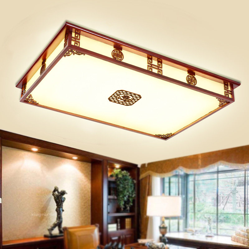 LED吸顶灯实木亚克力客厅灯木艺新中式长方形仿古卧室书房间灯具