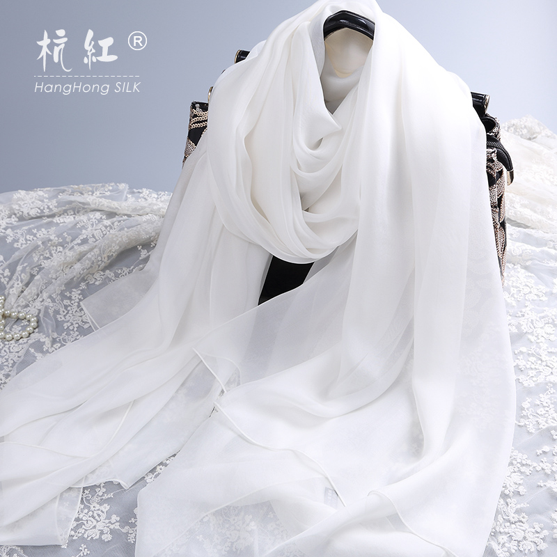 白色纯色桑蚕丝真丝丝巾长款围巾女士大披肩薄丝绸纱巾春秋冬夏季