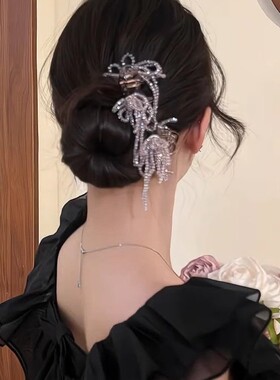 新款轻奢感抓夹女高级感发夹侧边水晶流苏蝴蝶结小号夹子头饰发卡