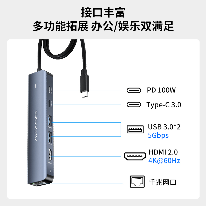 阿卡西斯Typec拓展坞USB扩展坞笔记本USB扩展器分线器延长HDMI网线多接口转换器适于笔记本平板手机hub雷电4 3C数码配件 USB HUB/转换器 原图主图