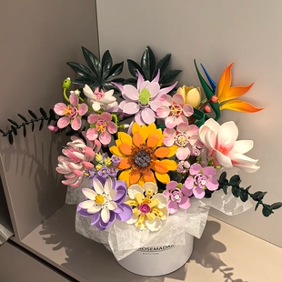 潘洛斯新款 宵花礼物摆件DIY送女友生日礼物 积木花束抱抱桶新年元