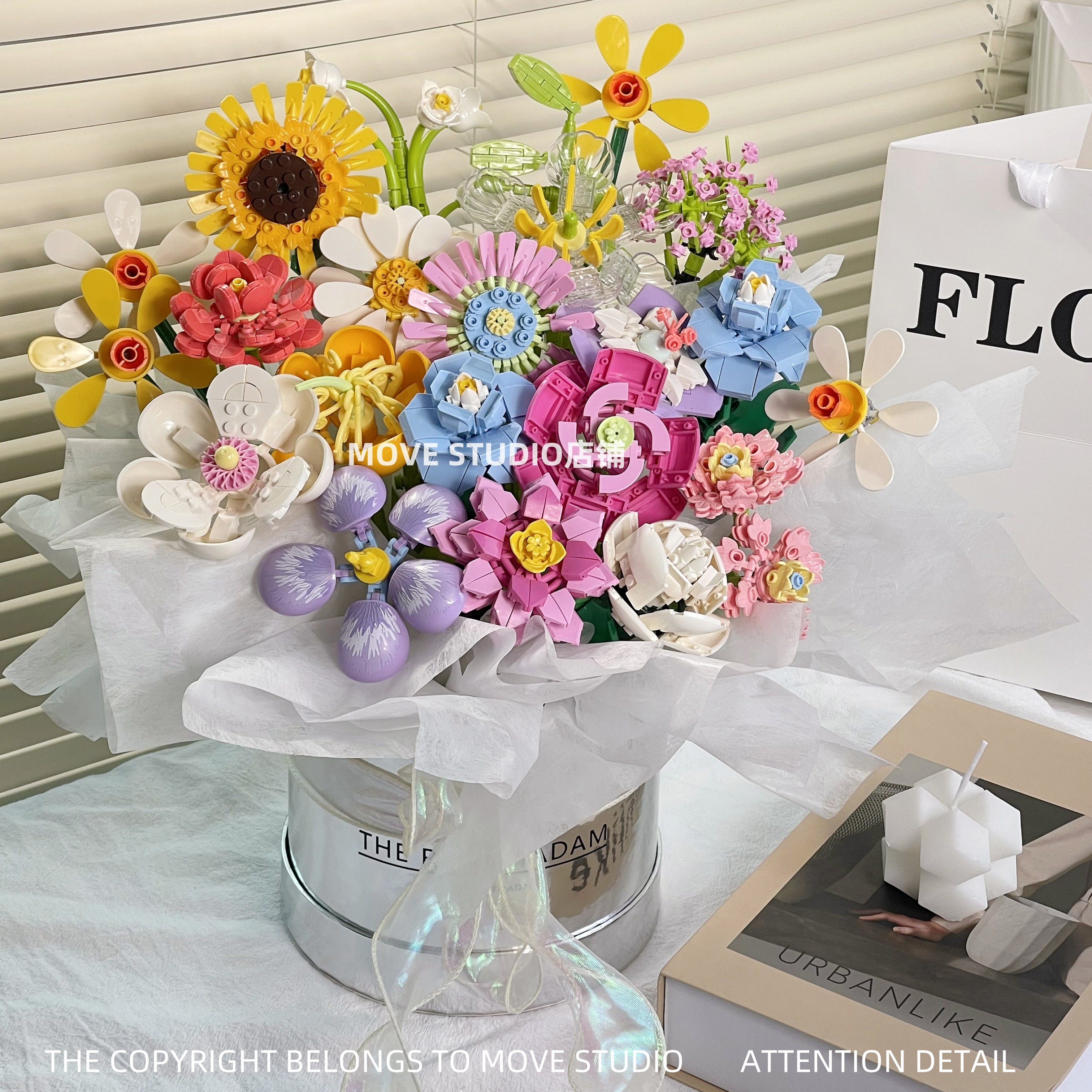 永生玫瑰花束积木仿真花束女生系列抱抱桶拼装女孩玩具情人节礼物