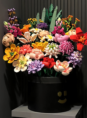 中国积木森宝花桶永生花束成人拼装益智玩具玫瑰花七夕礼物送女友