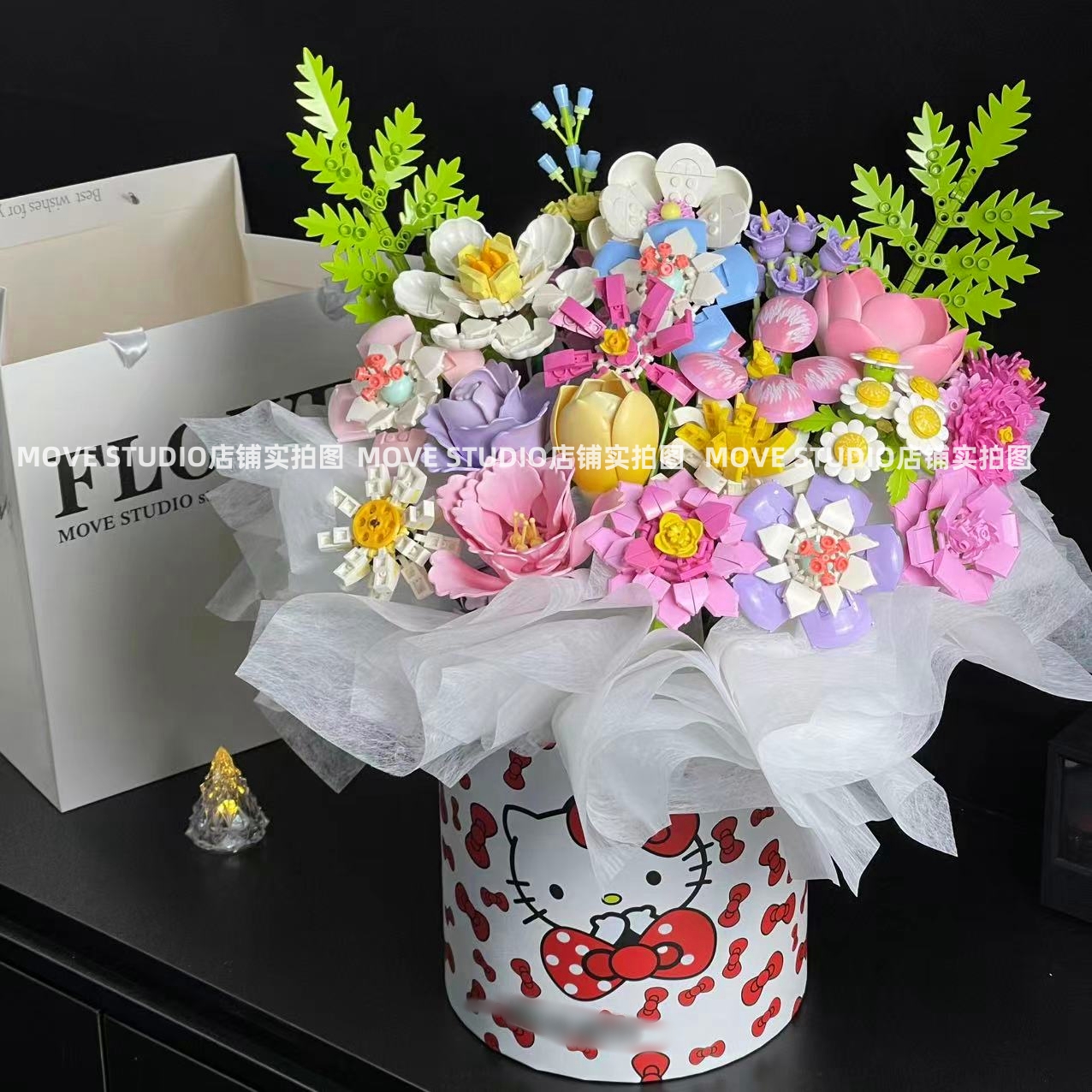 hello积木玫瑰花kt抱抱桶花束拼装玩具永生花教师节女生日礼物