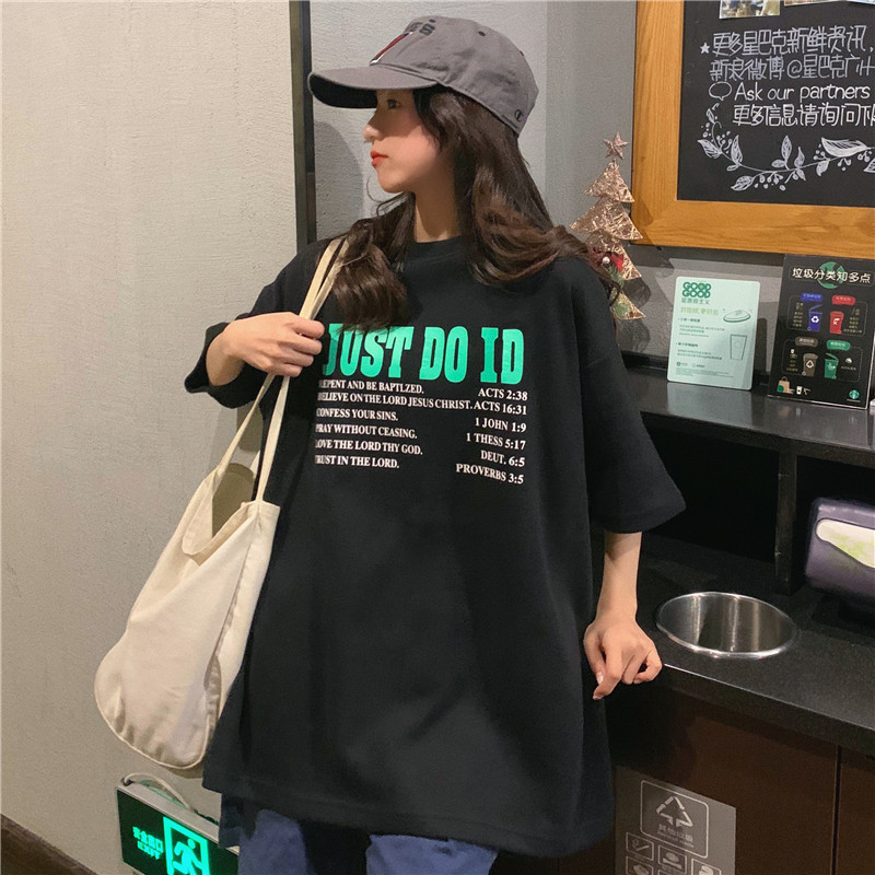 Real price real shot letter printed short sleeve T-shirt women's loose size medium length