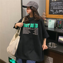 Real price real shot letter printed short sleeve T-shirt women's loose size medium length