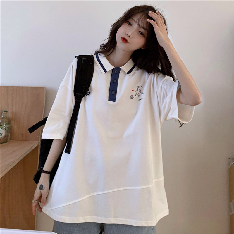 Real price cotton polo neck loose short sleeve versatile printed T-shirt for women