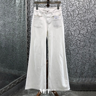 C26 白色双袋休闲风百搭牛仔裤 米兰小镇南油高版 本复古港风喇叭裤