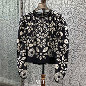 米兰小镇南油高版 本欧货古典雅韵抽象印花嵌入金属环圆领上衣A27