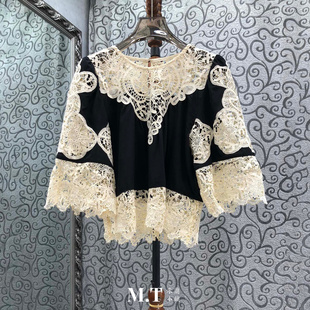 米兰小镇南油高版 本典雅爱素好古撞色水溶花镂空宽松套头上衣L25