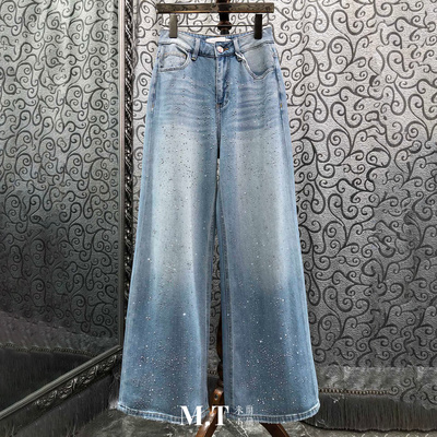 米兰小镇南油高版本双膝磨白褪色水洗宽松直筒烫钻牛仔长裤女C21