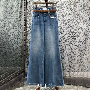 米兰小镇南油版本复古港风棕色皮腰带做旧磨白水洗牛仔喇叭裤A20