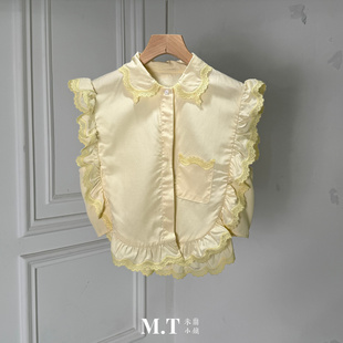 现货特价米兰小镇南油高版另类弧形剪裁荷叶边蕾丝无袖背心式衬衫