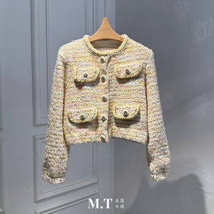 现货特价 小香风彩色编织金线粗花呢镶钻纽扣外套 米兰小镇南油高版