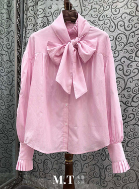 米兰小镇南油版千娇百媚领口系大蝴蝶结宽松刺绣长袖条纹衬衫L31