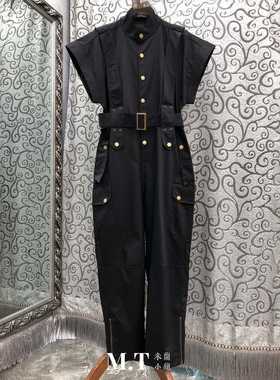 x米兰小镇南油版本欧货工装风裤脚拉链收腰系带立领连体长裤女C19