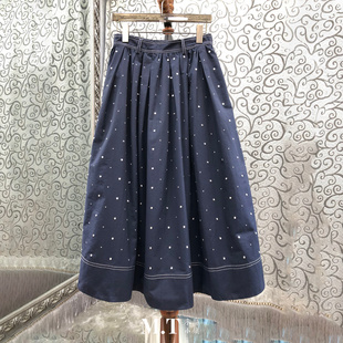 现货特价 明线腰头多褶显瘦烫钻A字百搭伞半身裙 米兰小镇南油高版