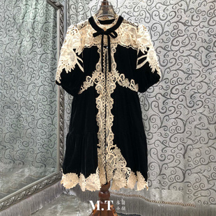 米兰小镇南油版 本欧货典雅气质出众拼色水溶花丝绒领结连衣裙L23