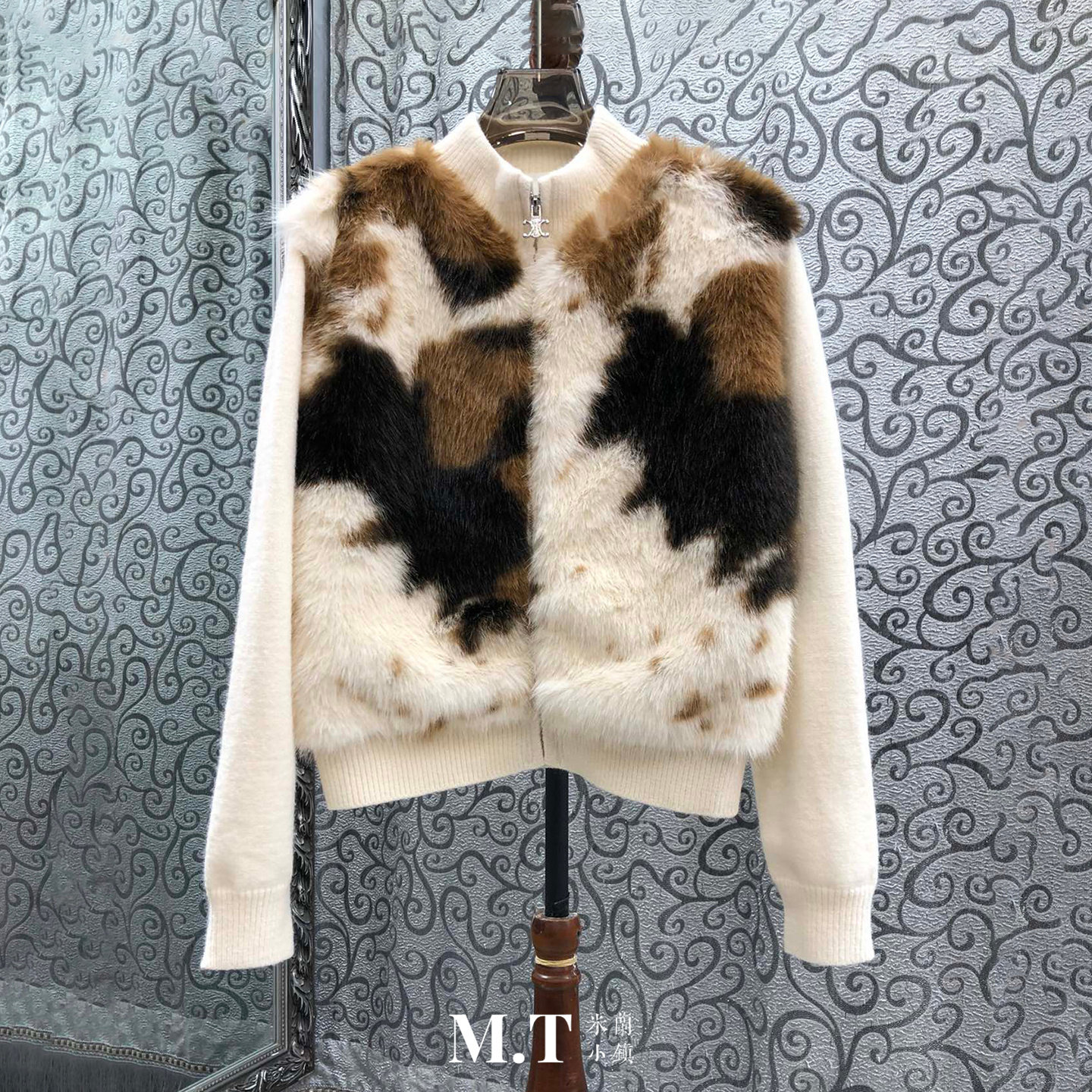 米兰小镇南油版本欧货仿动物皮毛羊毛针织立领拉链长袖开衫外套K4