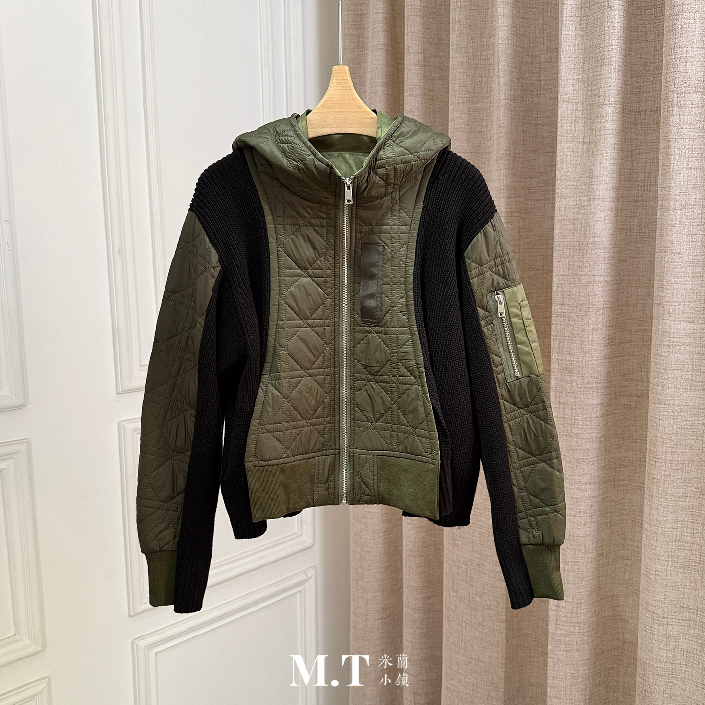 现货特价米兰小镇南油高版本撞色针织拼接绗缝菱格连帽夹棉短外套