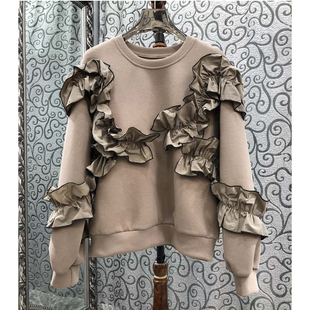 米兰小镇南油版本时尚前卫荷叶装饰暗黑系加厚套头宽松卫衣女L23