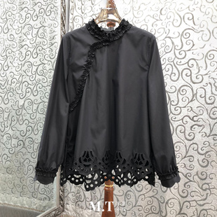 米兰小镇南油高版 设计侧襟木耳压褶纯色丝绵上衣女L25 欧货新中式