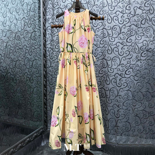 小资印绣球花系带收腰无袖 连衣裙C27 本欧货法式 米兰小镇南油高版