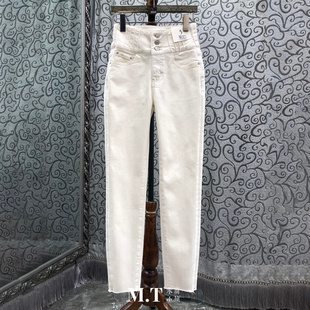 K18 脚cut显瘦九分牛仔裤 米兰小镇南油版 本高腰三扣白色铅笔锥形裤