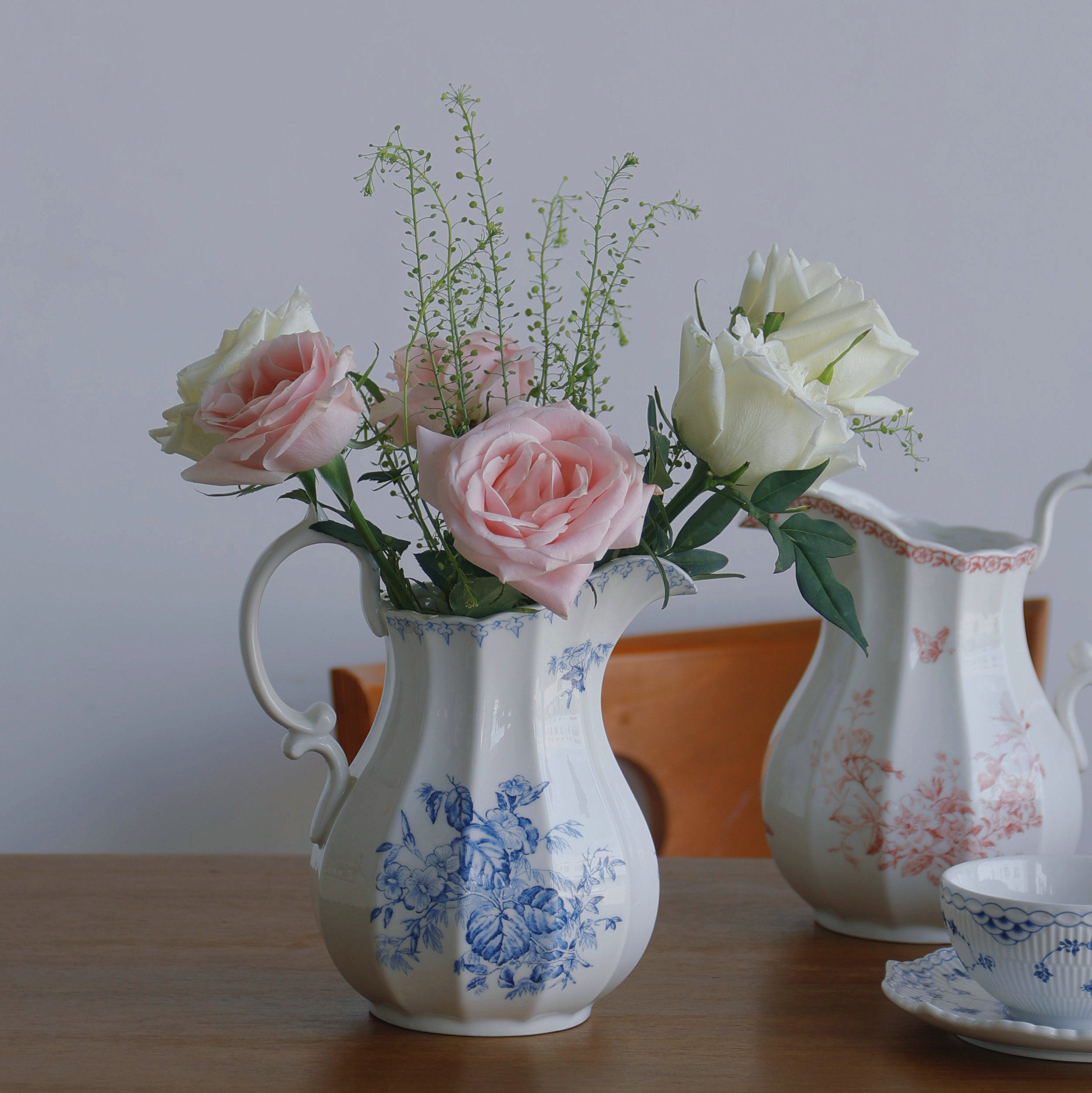 ZJHOME 法式凌霄花陶瓷花瓶 客厅鲜花插花器中古蓝色玄关卧室装饰