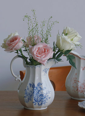 ZJHOME 法式凌霄花陶瓷花瓶 客厅鲜花插花器中古蓝色玄关卧室装饰