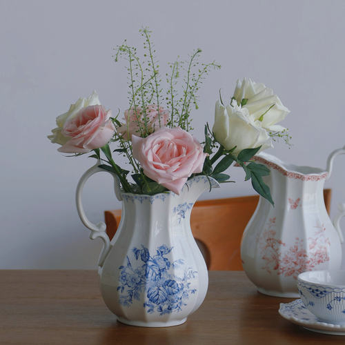 ZJHOME 法式凌霄花陶瓷花瓶 客厅鲜花插花器中古蓝色玄关卧室装饰