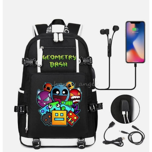新款USB耳机青少年学生书包男女休闲旅行双肩背包Geometry Dash