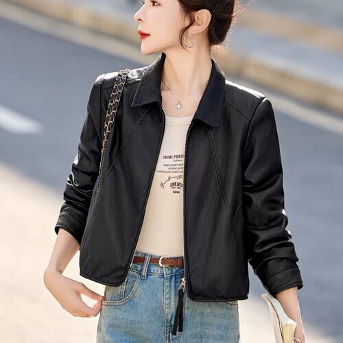 春秋女短款牛仔领小个子皮衣