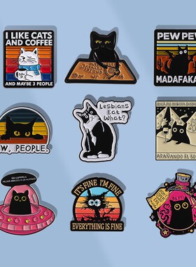我爱猫咪们和咖啡胸针可爱猫咪英文短句胸章金属徽章男女背包配饰