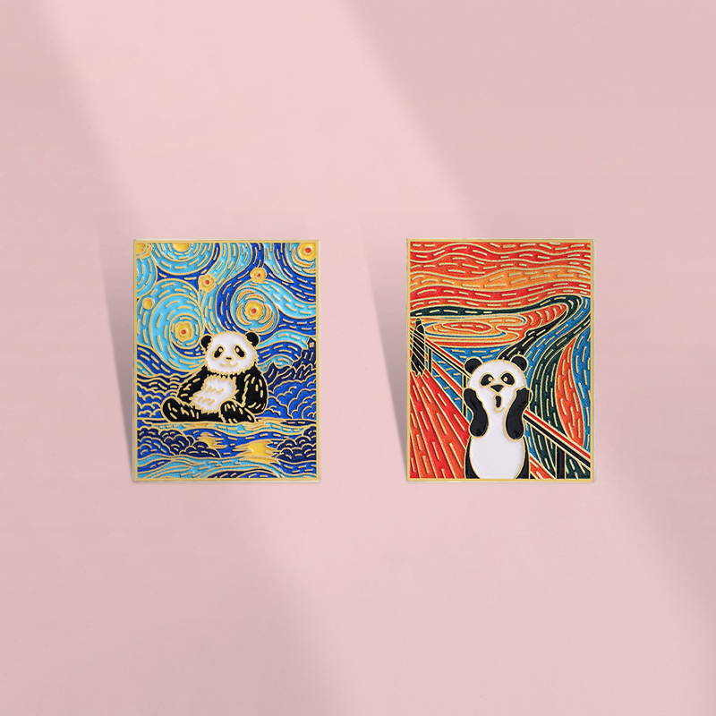 创意复古梵高油画胸针卡通熊猫油画胸章金属徽章男女衣服背包配饰