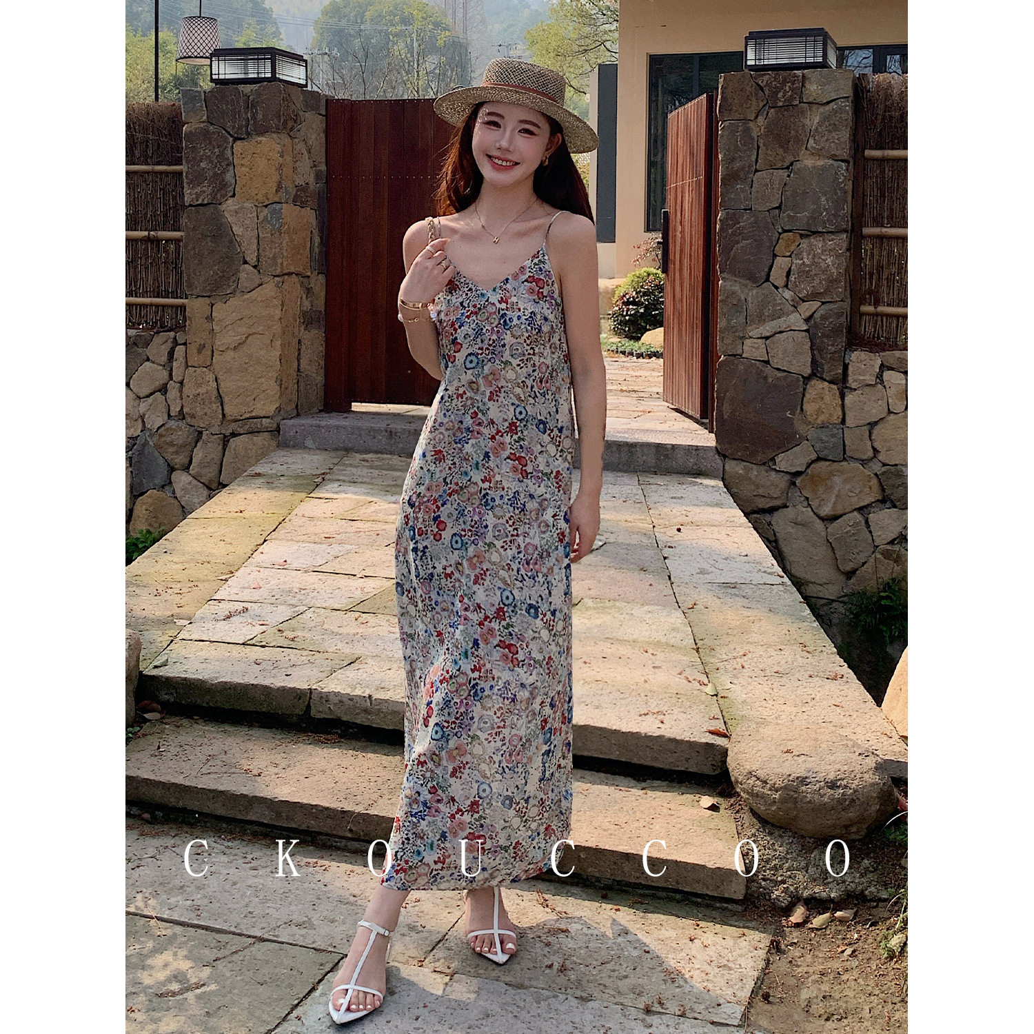 复古优雅碎花双绉桑蚕丝连衣裙女油画风时尚气质真丝吊带长裙