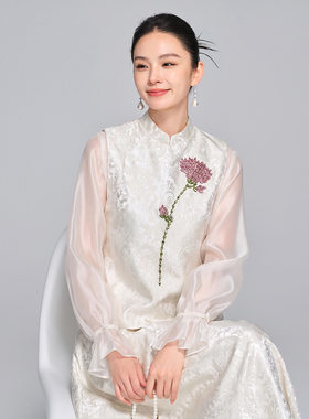 新中式锦缎提花马甲半裙两件套