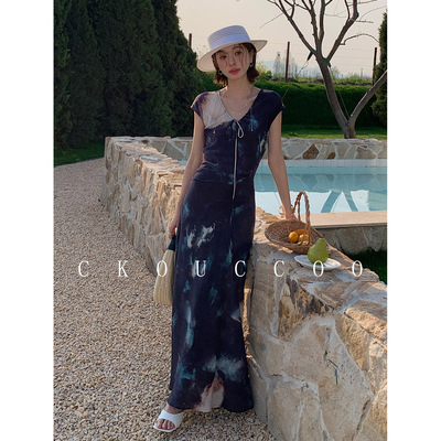法式复古晕染蓝调印花桑蚕丝真丝连衣裙系带柔美冷艳鱼尾长裙