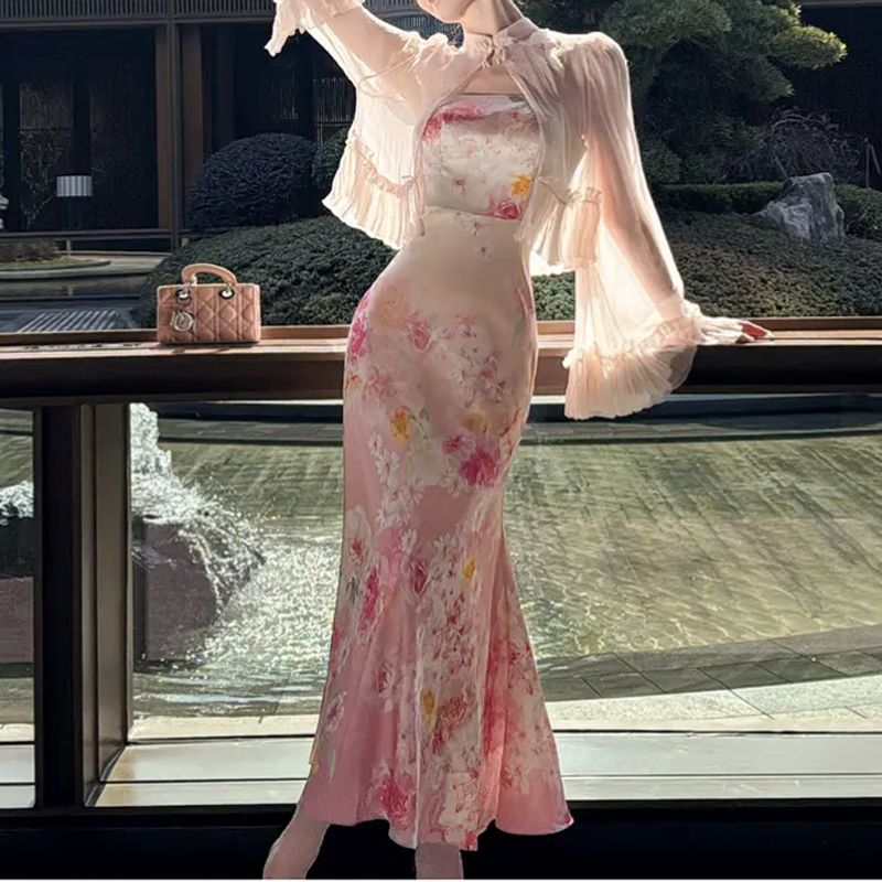 国色天姿桑蚕丝外搭衬衫新中式优雅弹力提花缎吊带连衣 裙女长裙