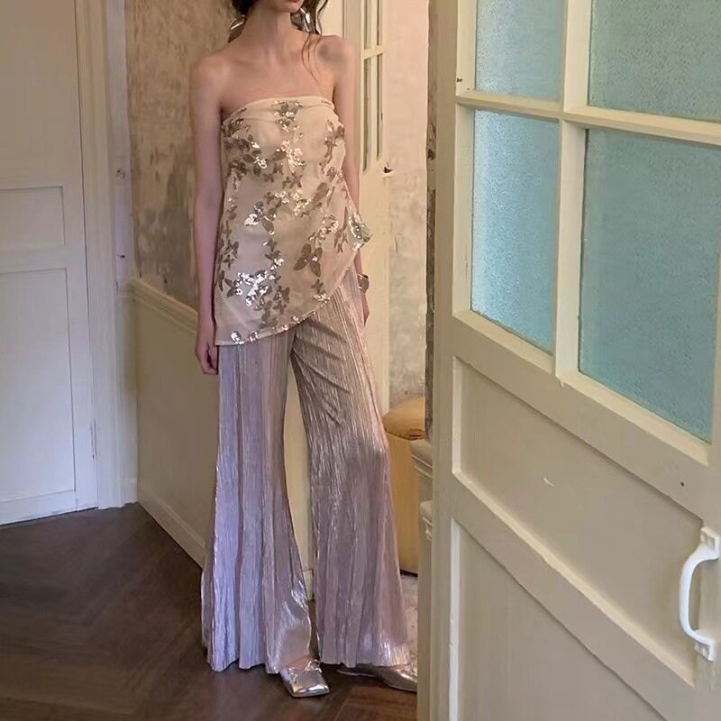 百搭浪漫细闪烫银微喇叭裤女夏薄款高腰垂坠感休闲裤抹胸上衣两件