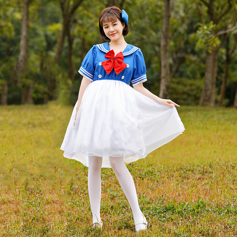 万圣节女士鸭鸭cosplay蓬蓬裙可爱水手服蓝白色短袖连衣纱裙头饰