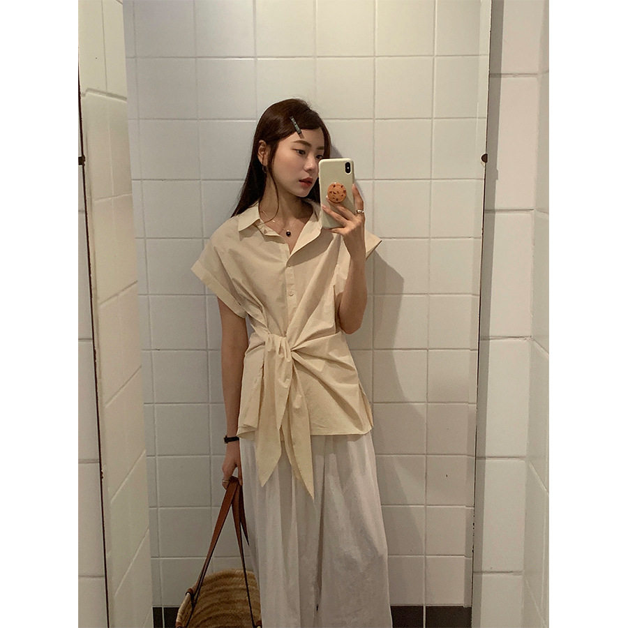 gulufen夏季新品个性设计法式不规则侧绑带收腰显瘦百搭衬衫女