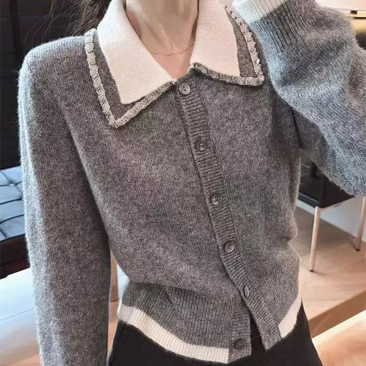 小香风灰色撞色翻领针织开衫女秋冬新款毛衣外套百搭洋气短款上衣