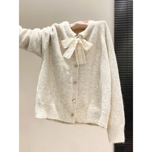甜美风蕾丝系带蝴蝶结针织开衫女秋冬季新款宽松毛衣外套温柔上衣
