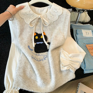 韩系甜美娃娃领衬衫猫咪刺绣针织马甲两件套女秋冬季叠穿毛衣背心