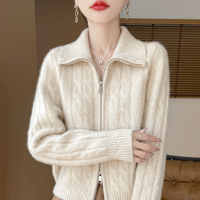 翻领麻花毛衣开衫外套女秋冬新款