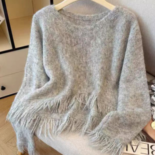 韩系软糯针织衫女秋冬新款宽松慵懒风毛衣小个子外穿圆领流苏上衣