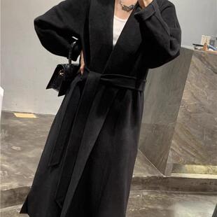 202冬新款黑色青果领双面羊毛大衣女长款过漆高级感宽松毛呢外套