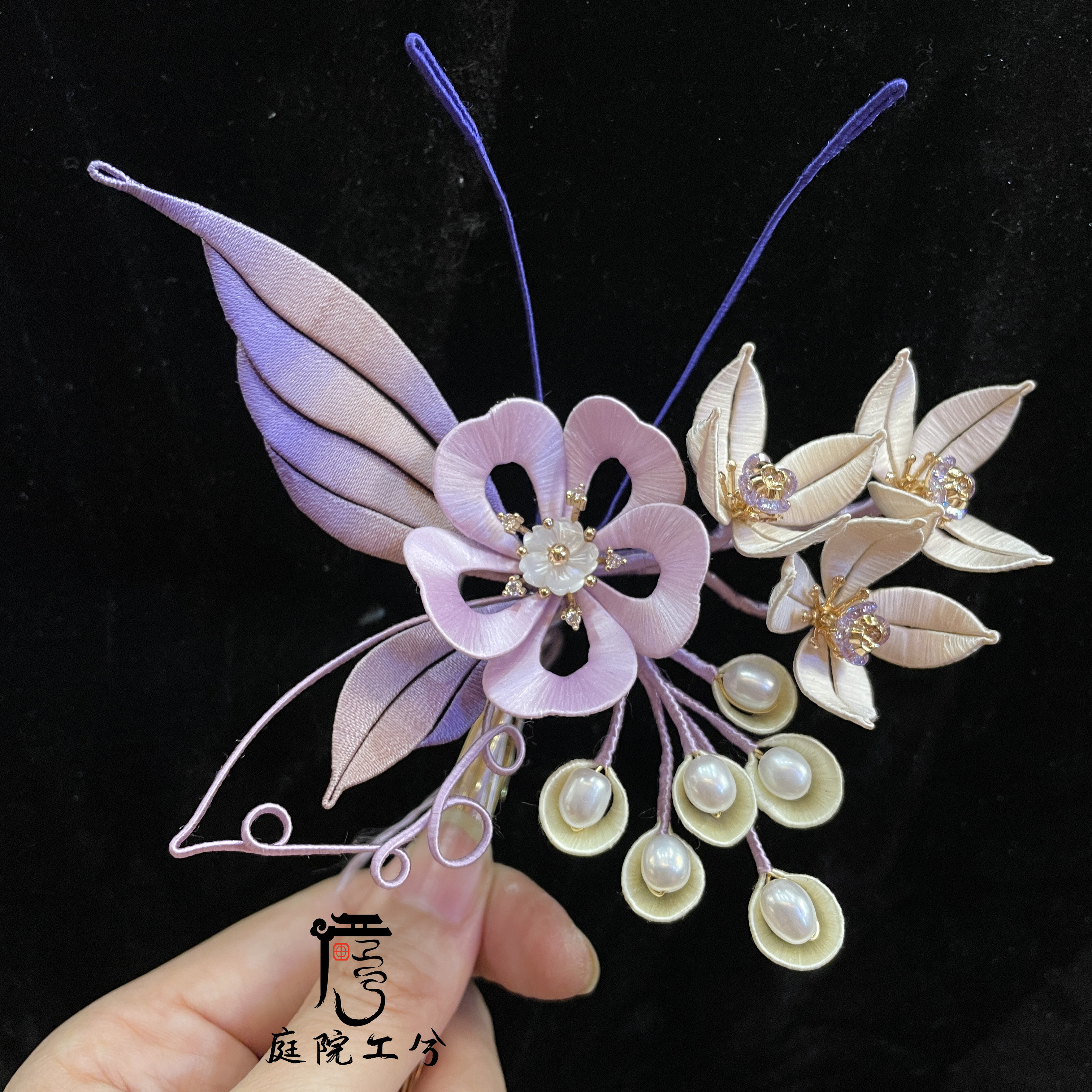 庭院工兮原创设计紫粉色大蝴蝶非遗缠花汉服古风头饰品