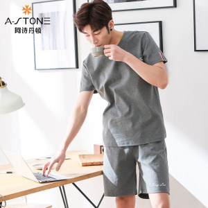 夏纯棉薄款全棉男士家居服套装